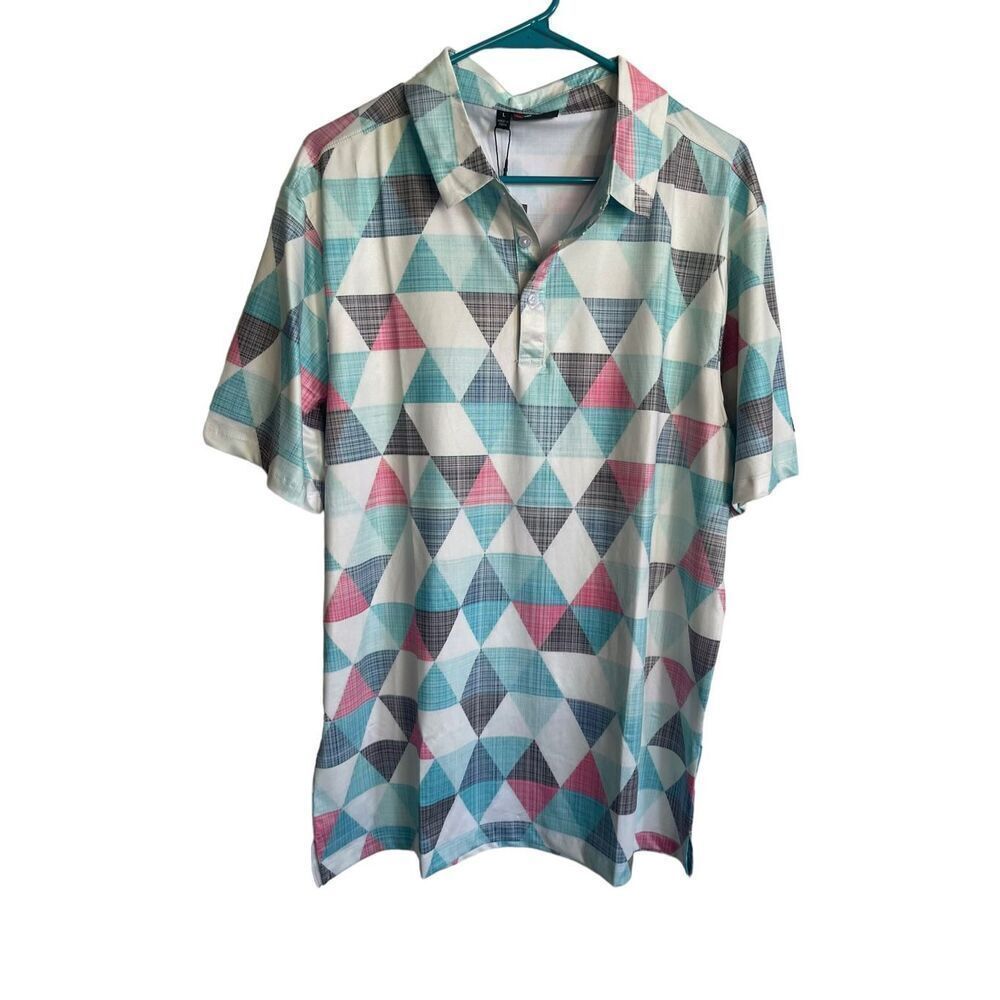 New Yatta Mens Multicolor Geometric Two Button Placket Golf Polo Shirt Size L